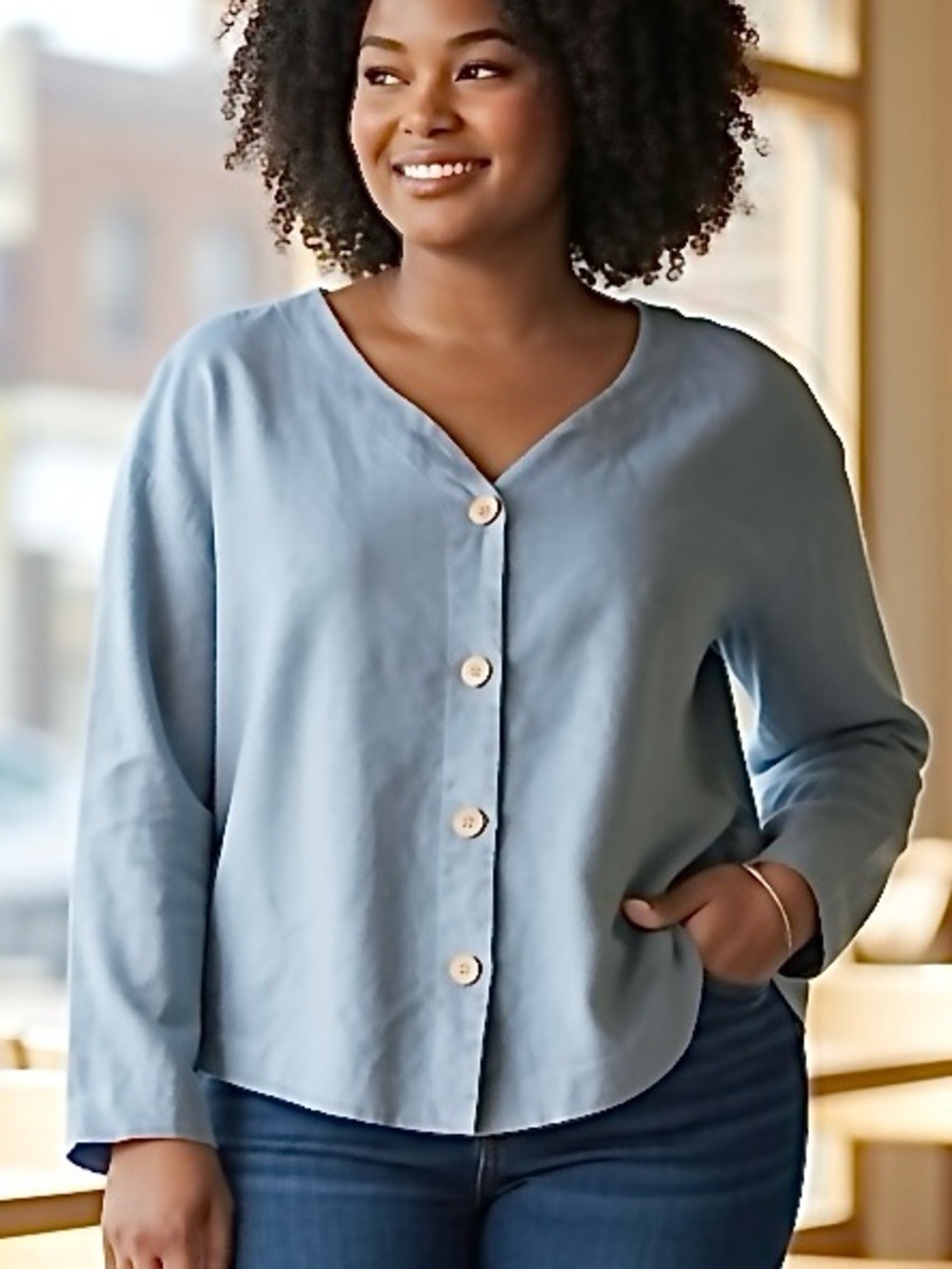 90s LINEN CROP GRAY BLUE JACKET WOODEN BUTTONS OVERSIZE LUXURY MINIMALIST SZ 14
